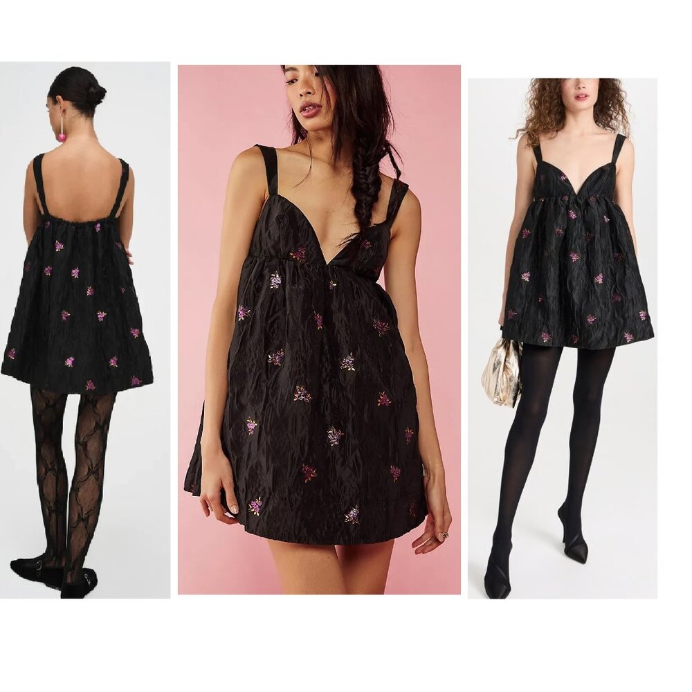 For Love & Lemons Black Mini Dress with Pink Embroidery